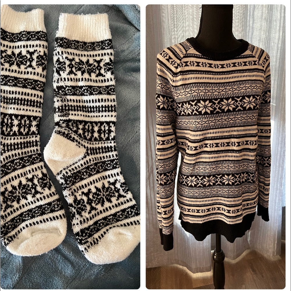 Old Navy XL black and white sweater with matching socks